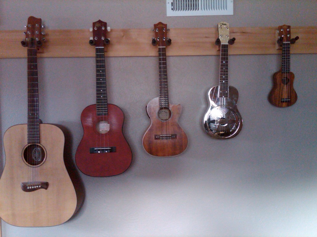 Guitar,  Baritone Uke,  Tenor Uke,  Soprano Uke and Kala Pocket Ukulele